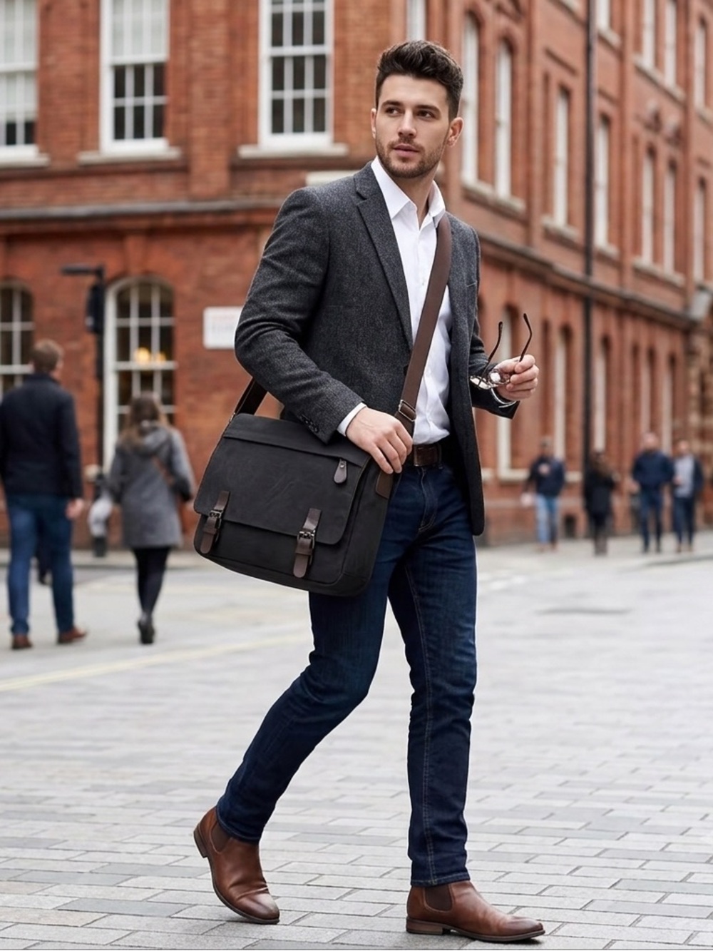 Black Canvas Messenger Bag with Brown Trim and Adjustable Strap